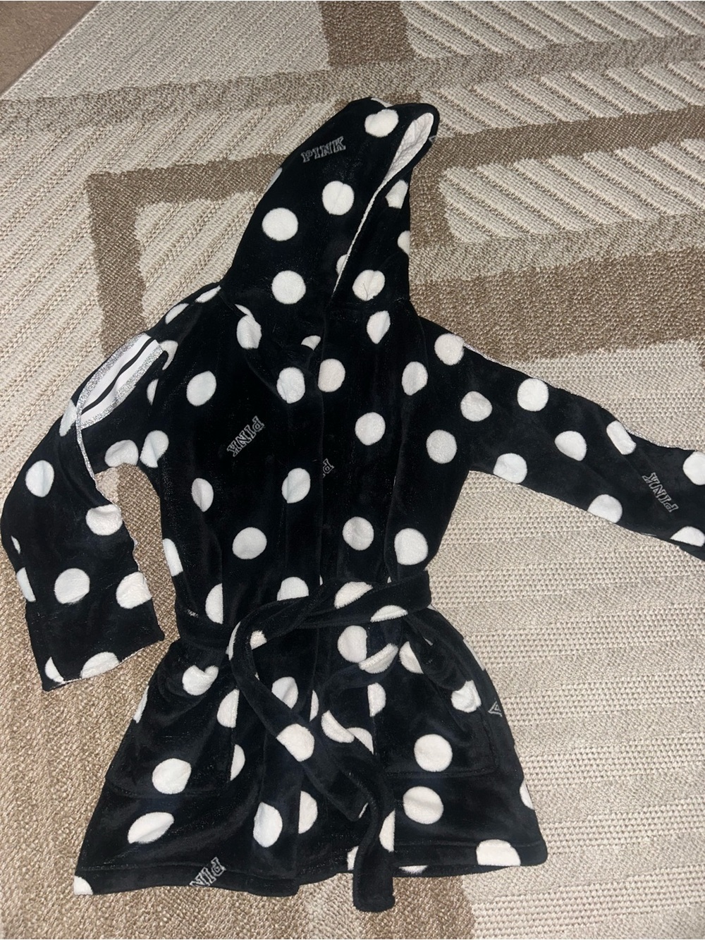 PINK Victoria's Secret Black and White Polka Dot Hooded Robe
